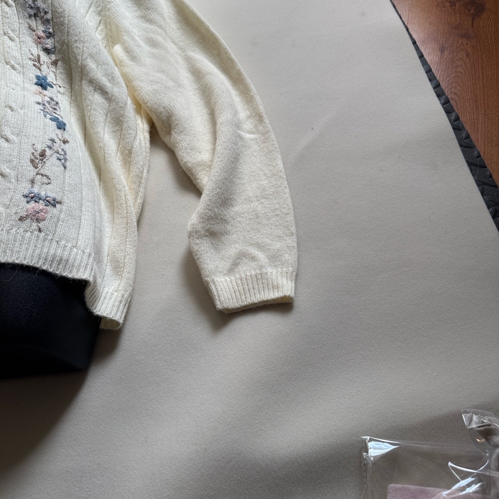 Alfred Dunner Cream Sweater with Blue and Brown Argyle & Floral Embroidery - Picture 6 of 8